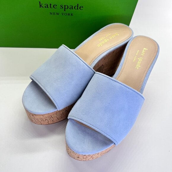 Kate Spade Ibiza Suede Sandals Size 9B Sky Blue Cork Platform Heels Casual - Picture 2 of 16